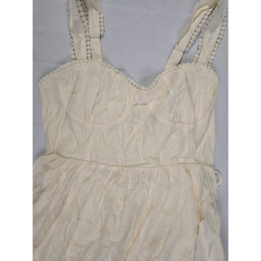 Forever 21 Vanilla Mini Dress Lace Up Back Pom Pom Trim Cream Size L NWT - Picture 6 of 16